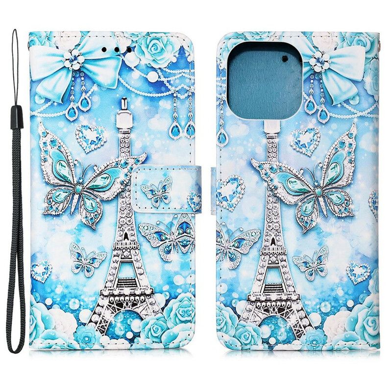 Fodral För iPhone 13 Pro Max Eiffeltornet Butterflies Strap