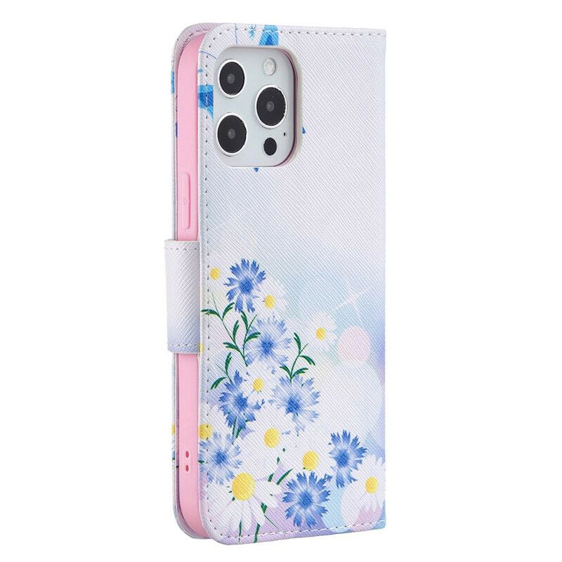 Läderfodral iPhone 13 Pro Max Telefonfodral Målade Fjärilar Och Blommor