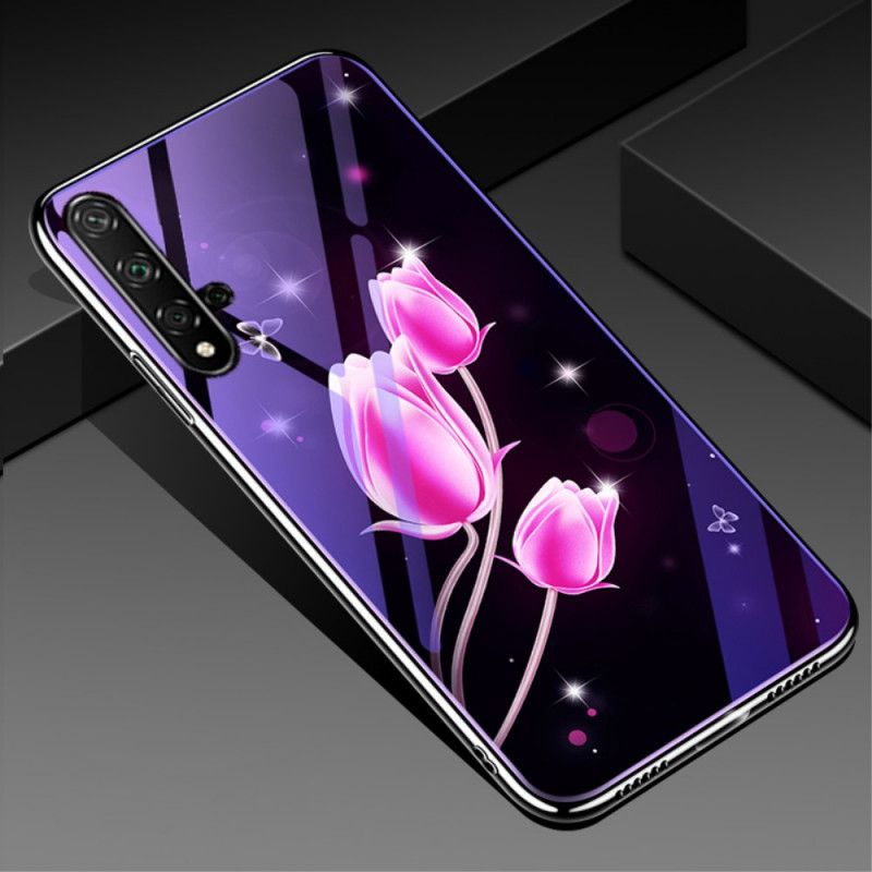 Skal Huawei Nova 5T Magenta Mobilskal Härdat Glas Och Blommig Silikon