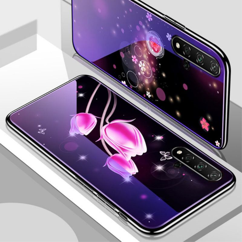 Skal Huawei Nova 5T Magenta Mobilskal Härdat Glas Och Blommig Silikon