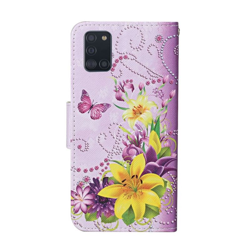 Fodral för Samsung Galaxy A31 Magenta Mästerliga Blommor Med Rem