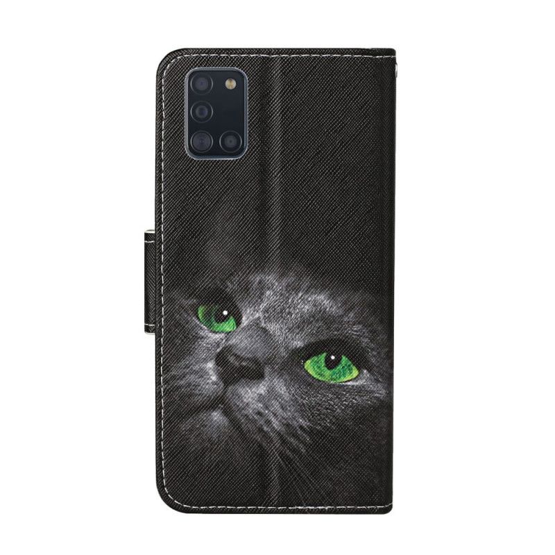 Läderfodral Samsung Galaxy A31 Mobilskal Katt Med Gröna Ögon Med Rem