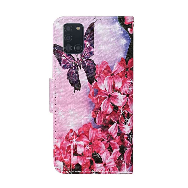 Läderskal Samsung Galaxy A31 Magenta Blommiga Fjärilar