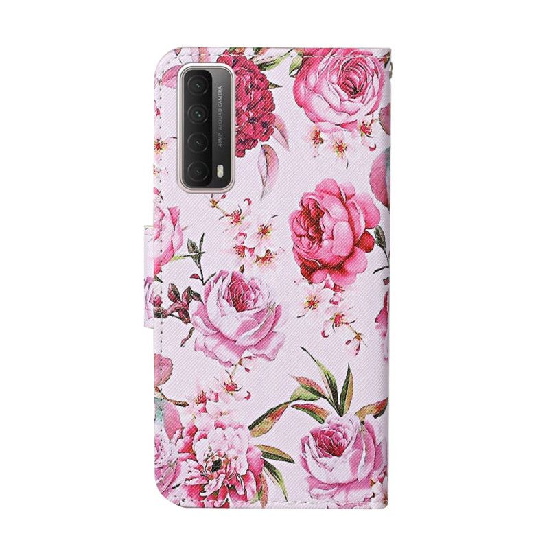 Fodral Huawei P Smart 2021 Magenta Mästerliga Blommor Med Rem