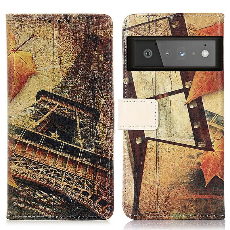 Läderfodral Google Pixel 6 Pro Telefonfodral Eiffeltornet På Hösten