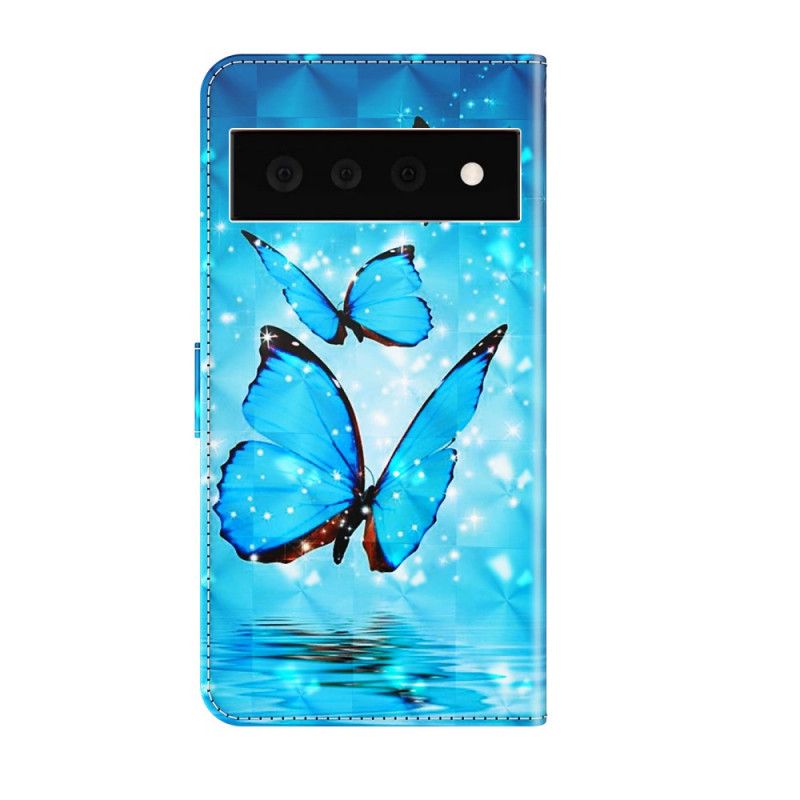 Läderfodral Google Pixel 6 Pro Telefonfodral Flying Blue Butterflies