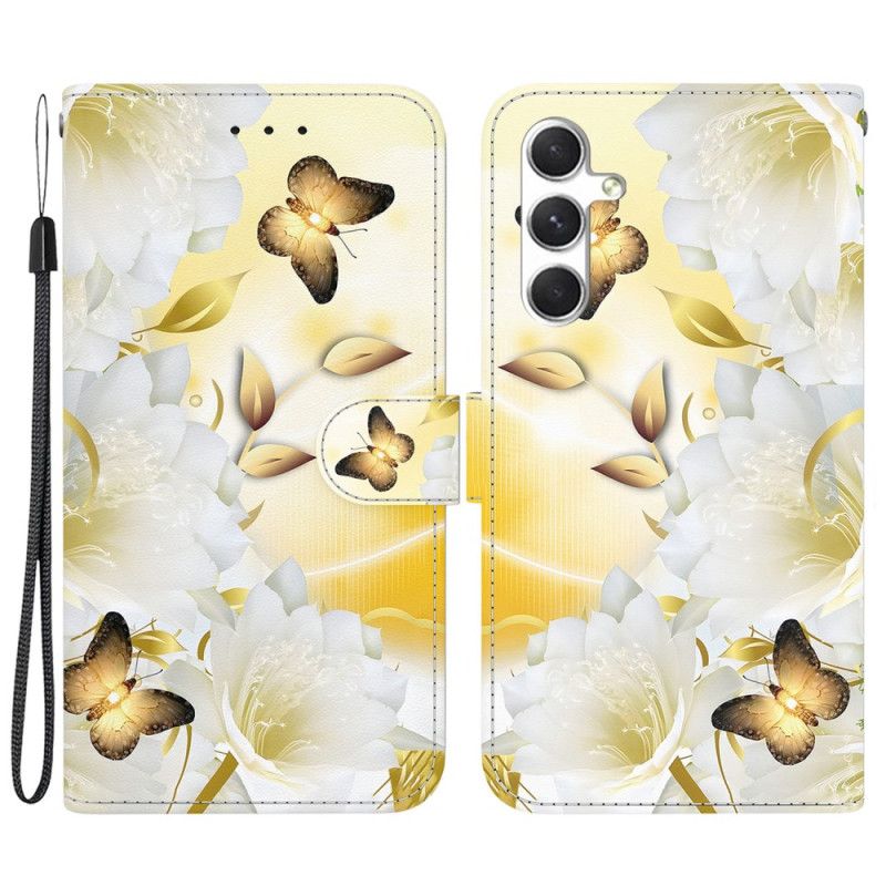 Fodral Samsung Galaxy S24 Plus 5g Gyllene Fjärilar Och Blommor Med Rem