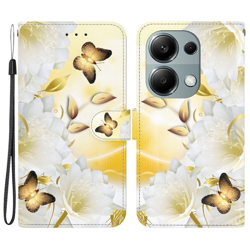 Fodral Xiaomi Redmi Note 13 Pro 4g Gyllene Fjärilar Och Vita Blommor Med Rem