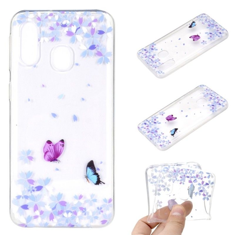 Skal för Samsung Galaxy A40 Genomskinliga Fjärilar Och Blommor