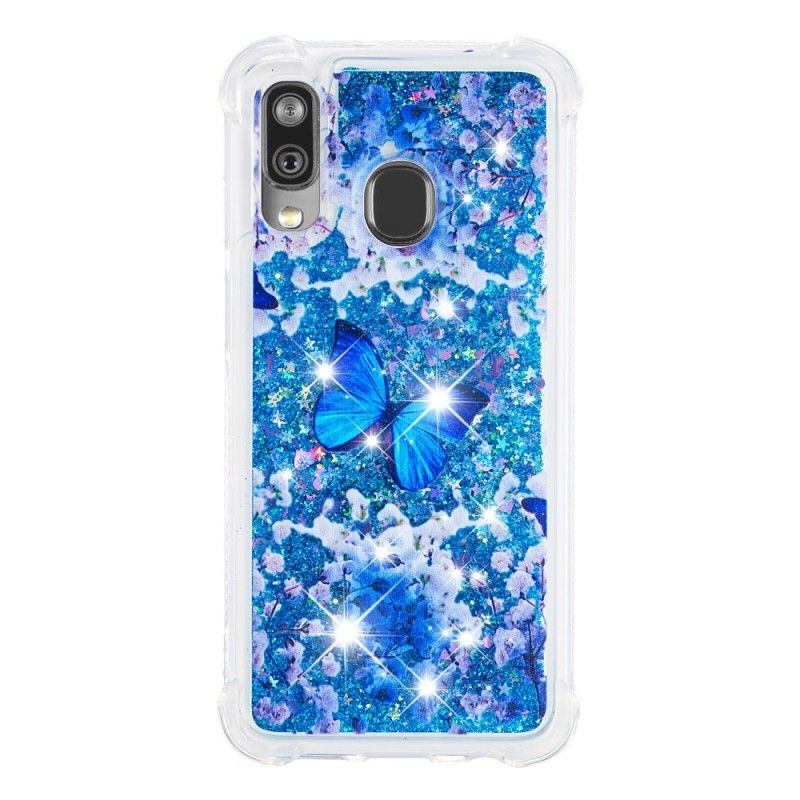 Skal Samsung Galaxy A40 Blå Glitterfjärilar