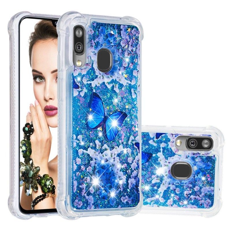 Skal Samsung Galaxy A40 Blå Glitterfjärilar