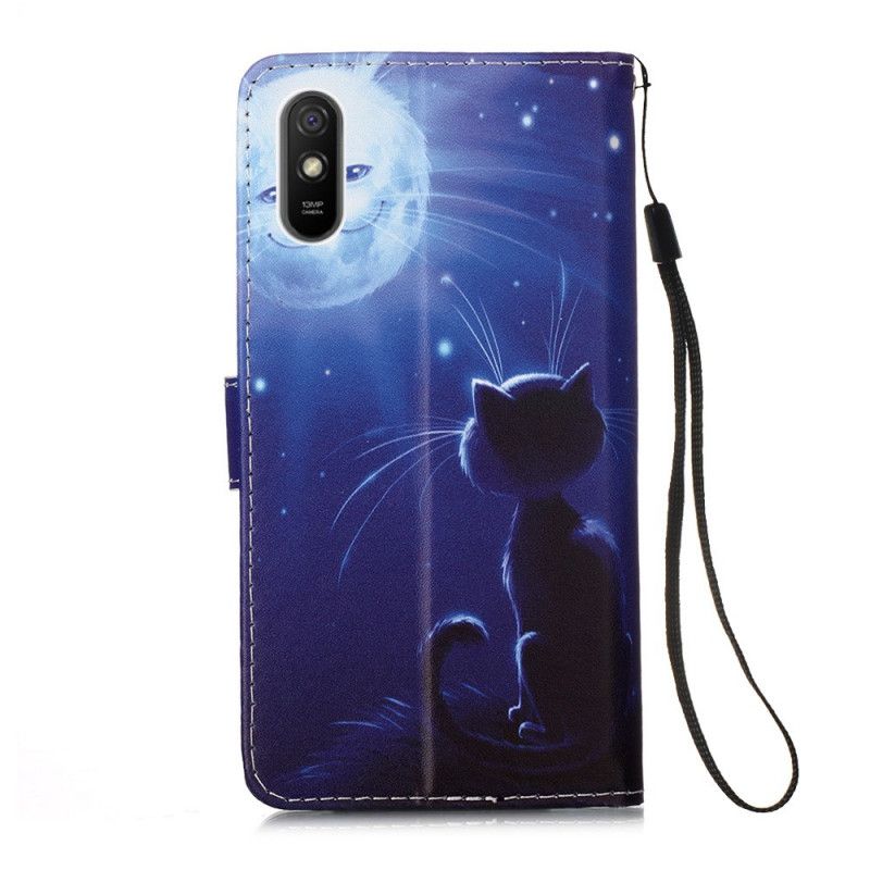 Läderfodral Xiaomi Redmi 9A Mobilskal Månbelyst Katt Med Rem