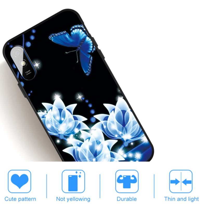 Skal för Xiaomi Redmi 9A Fjäril Och Blå Blommor