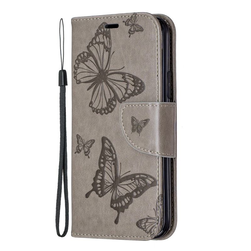 Läderfodral iPhone 11 Pro Grå Mobilskal Tryckta Fjärilar Med Rem
