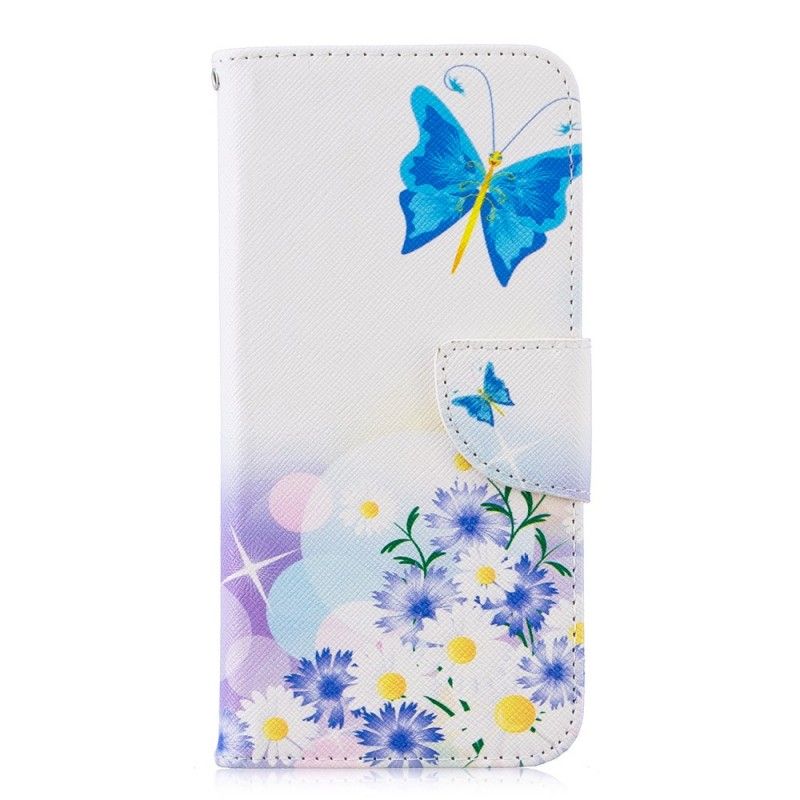 Läderfodral Huawei P Smart 2019 Ljusblå Mobilskal Målade Fjärilar Och Blommor