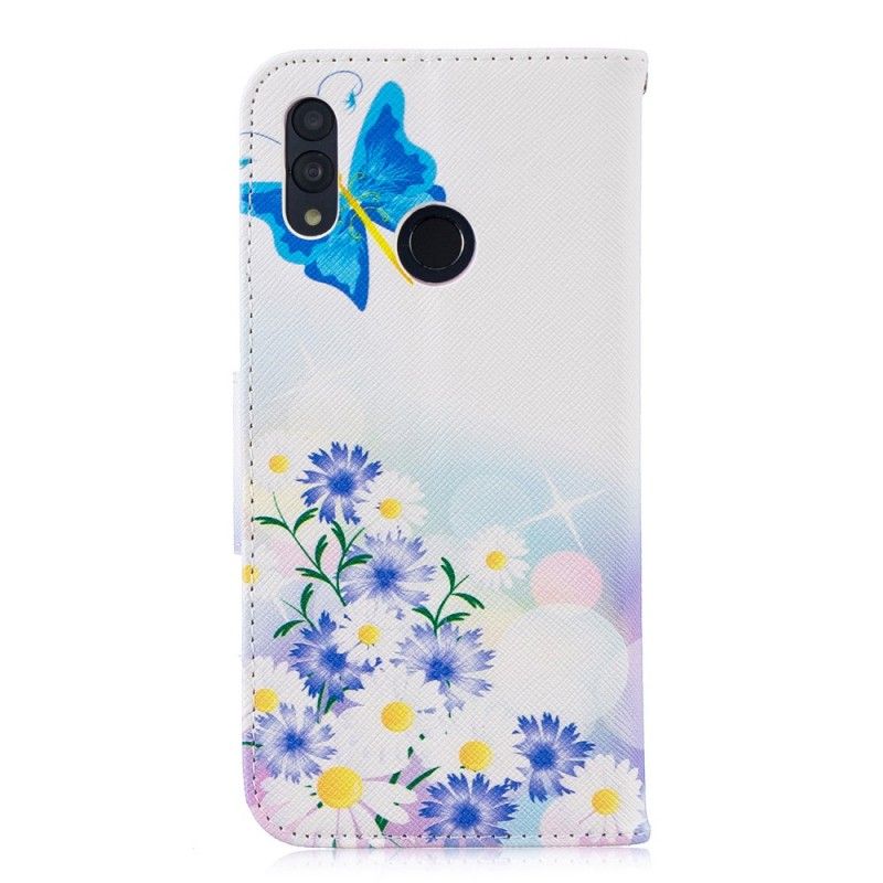 Läderfodral Huawei P Smart 2019 Ljusblå Mobilskal Målade Fjärilar Och Blommor