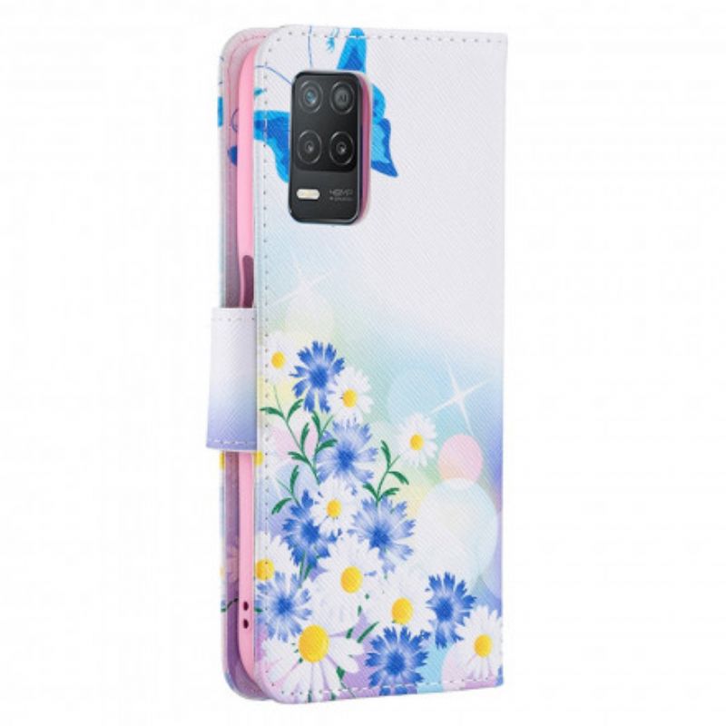 Läderfodral Realme 8 5g Telefonfodral Målade Fjärilar Och Blommor