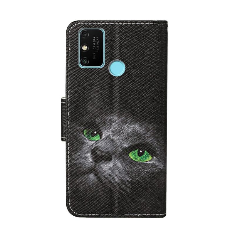 Läderfodral Honor 9A Mobilskal Gröna Ögon På Svart Katt