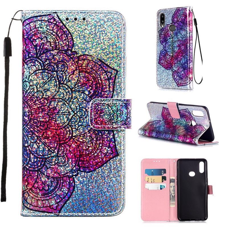 Läderfodral Samsung Galaxy A10s Mobilskal Mandala På Glitterbakgrund