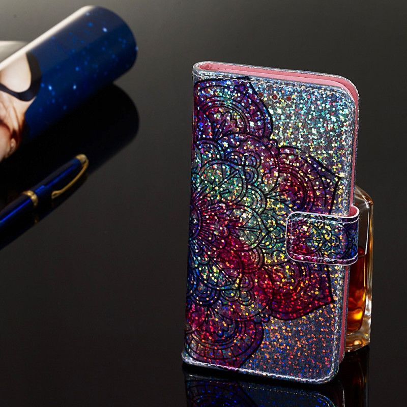 Läderfodral Samsung Galaxy A10s Mobilskal Mandala På Glitterbakgrund