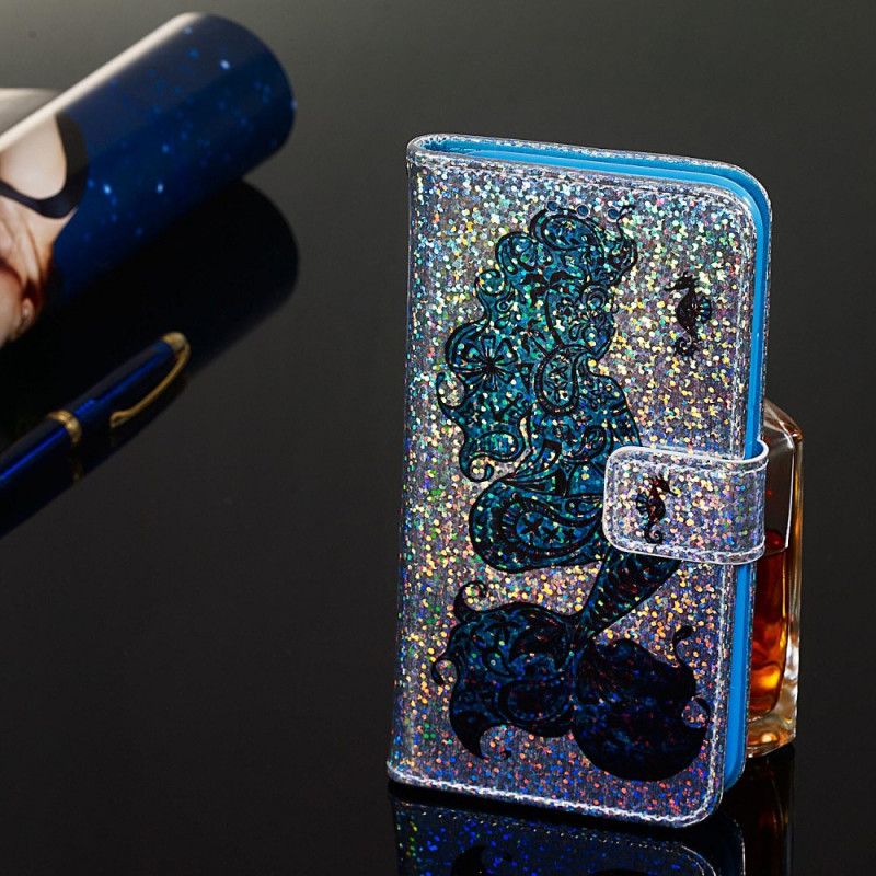 Läderfodral Samsung Galaxy A10s Mobilskal Sjöjungfru På Glitterbakgrund