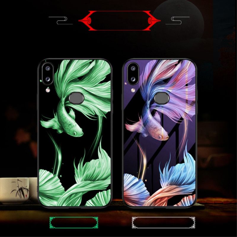 Skal för Samsung Galaxy A10s Röd Härdat Glas Med Fluorescerande Mönster