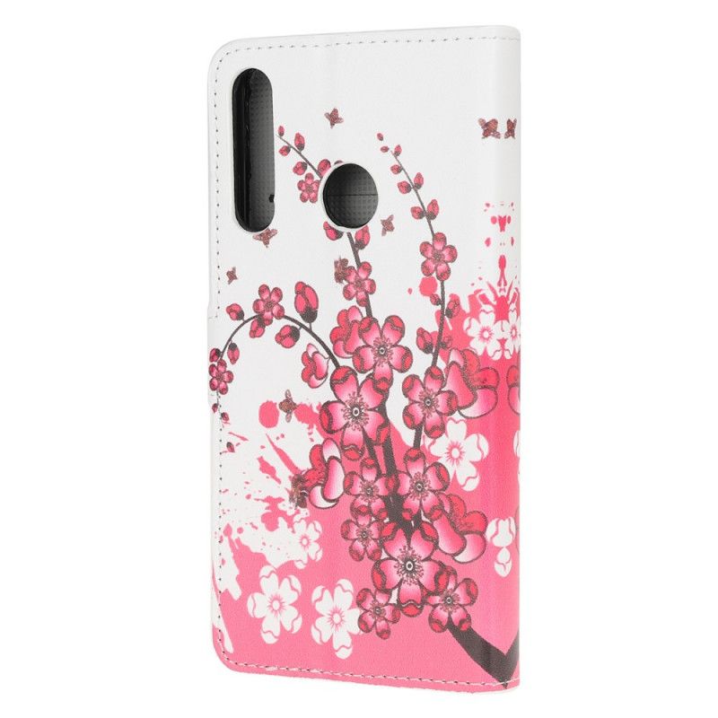 Läderfodral Huawei P40 Lite E / Y7p Magenta Mobilskal Tropiska Blommor