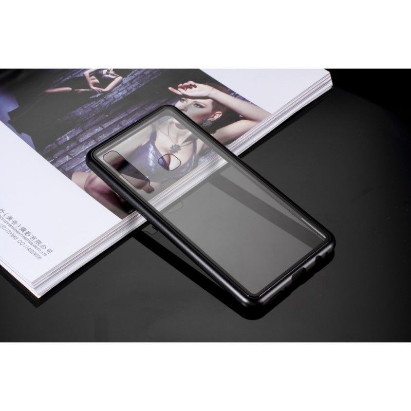 Skal för Samsung Galaxy A9 Svart Kanter Av Metall Och Härdat Glas
