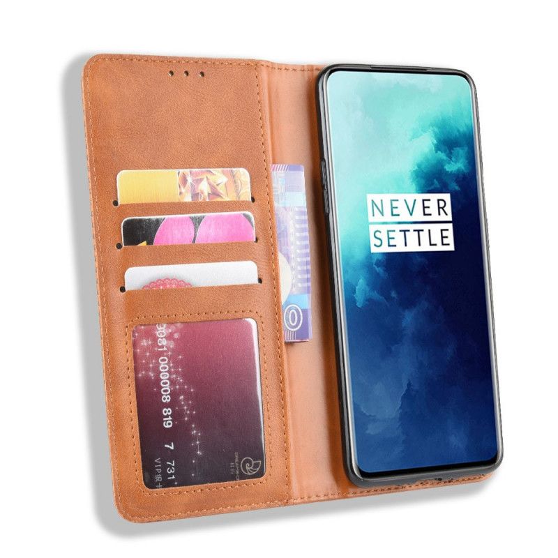 Folio-fodral för OnePlus 7T Pro Svart Stiliserad Vintage Lädereffekt