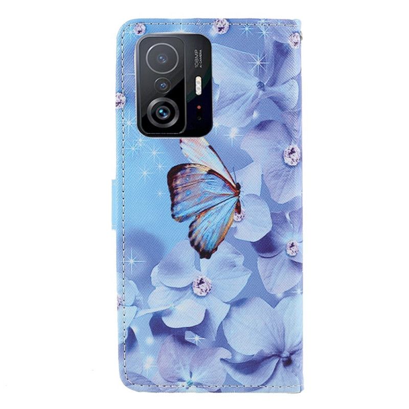 Läderfodral Xiaomi Mi 11t / 11t Pro Telefonfodral Diamond Strappy Butterflies