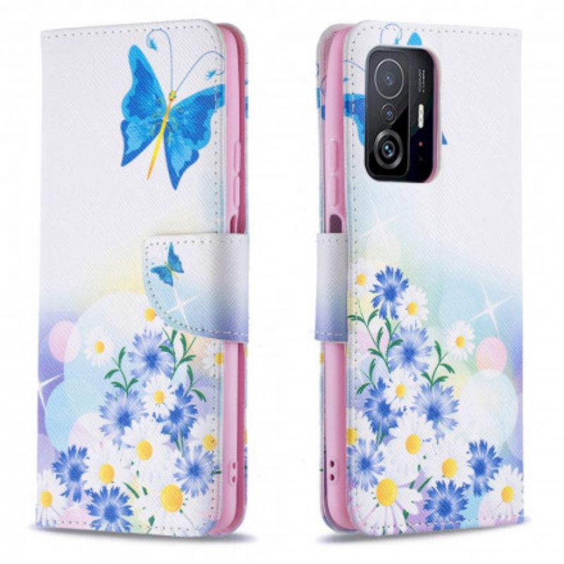 Läderfodral Xiaomi Mi 11t / 11t Pro Telefonfodral Målade Fjärilar Och Blommor