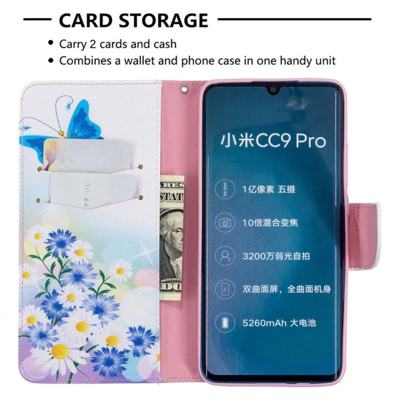 Läderfodral Xiaomi Mi Note 10 / 10 Pro Rosa Mobilskal Målade Fjärilar Och Blommor