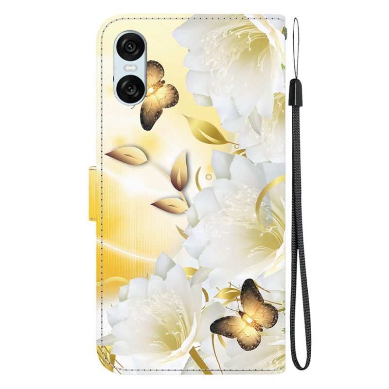 Fodral För Sony Xperia 10 Vi Gyllene Fjärilar Och Vita Blommor Med Rem