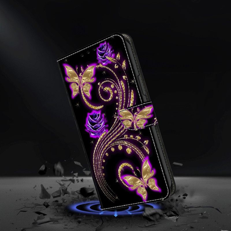 Fodral För Samsung Galaxy A15 Violettblommor Och Fjärilar