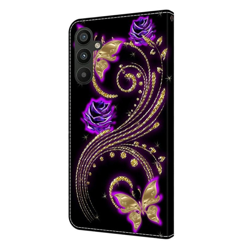 Fodral För Samsung Galaxy A15 Violettblommor Och Fjärilar