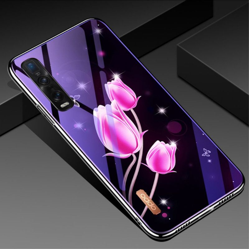 Skal för Oppo Find X2 Pro Magenta Härdat Glas Och Blommig Silikon