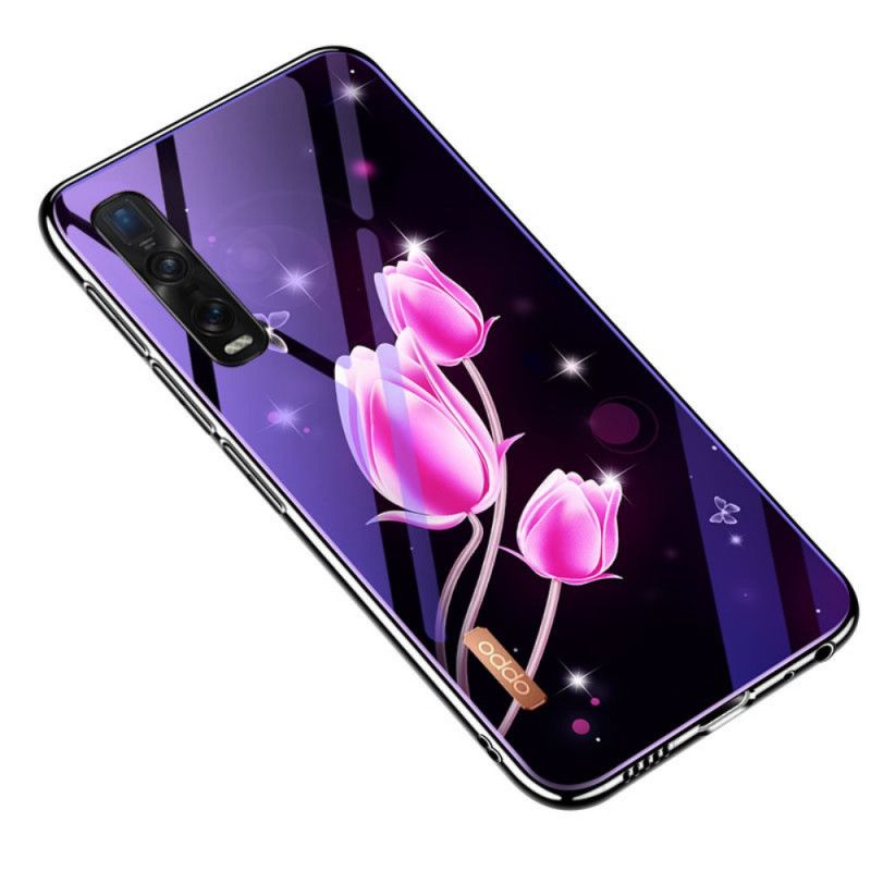 Skal för Oppo Find X2 Pro Magenta Härdat Glas Och Blommig Silikon