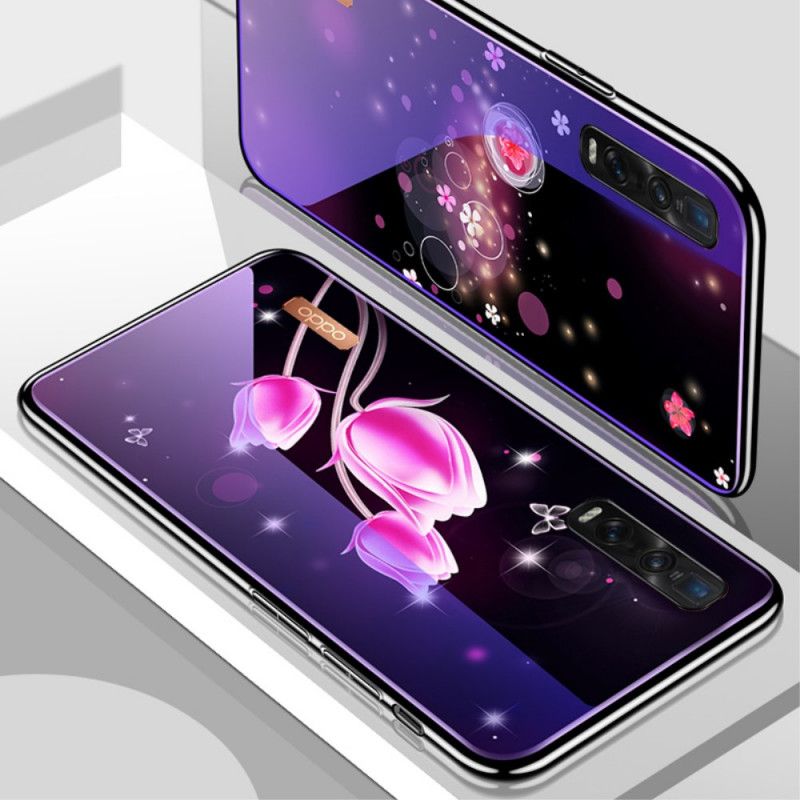 Skal för Oppo Find X2 Pro Magenta Härdat Glas Och Blommig Silikon