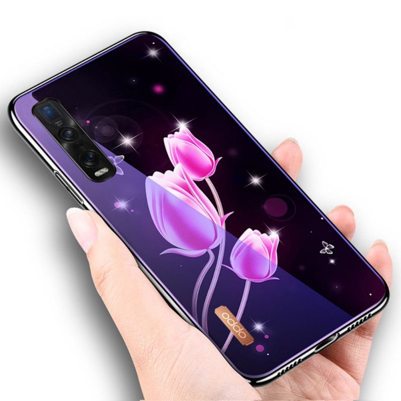 Skal för Oppo Find X2 Pro Magenta Härdat Glas Och Blommig Silikon