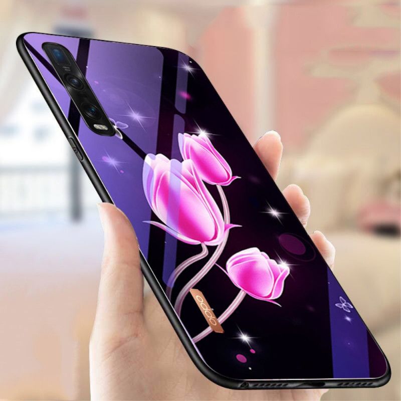 Skal för Oppo Find X2 Pro Magenta Härdat Glas Och Blommig Silikon