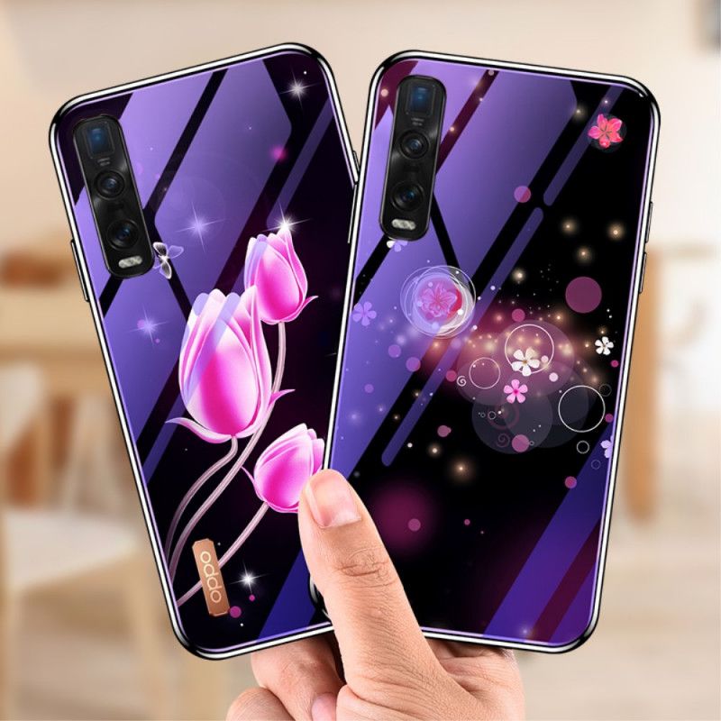 Skal för Oppo Find X2 Pro Magenta Härdat Glas Och Blommig Silikon