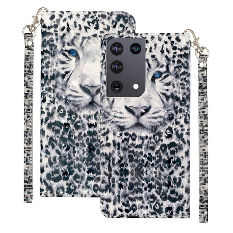 Fodral Samsung Galaxy S21 Ultra 5G Vit Leopardljusfläckar Med Rem