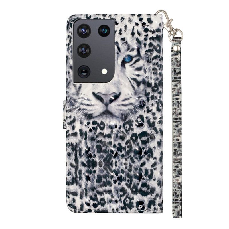 Fodral Samsung Galaxy S21 Ultra 5G Vit Leopardljusfläckar Med Rem