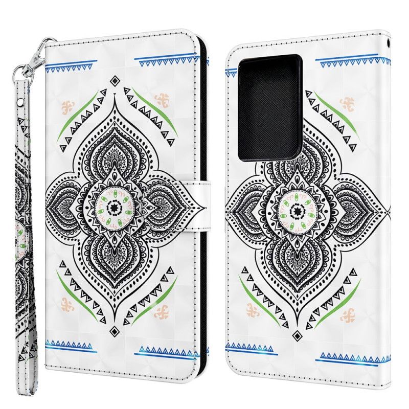 Läderfodral Samsung Galaxy S21 Ultra 5G Vit Ljusfläckar Mandala Med Rem