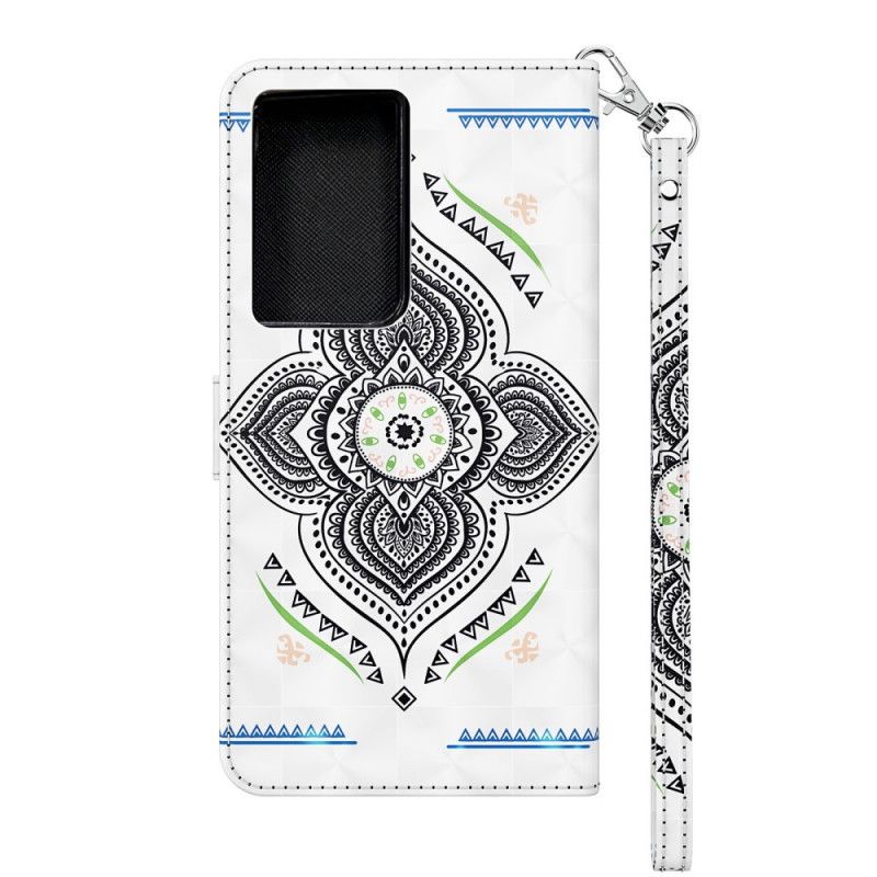 Läderfodral Samsung Galaxy S21 Ultra 5G Vit Ljusfläckar Mandala Med Rem