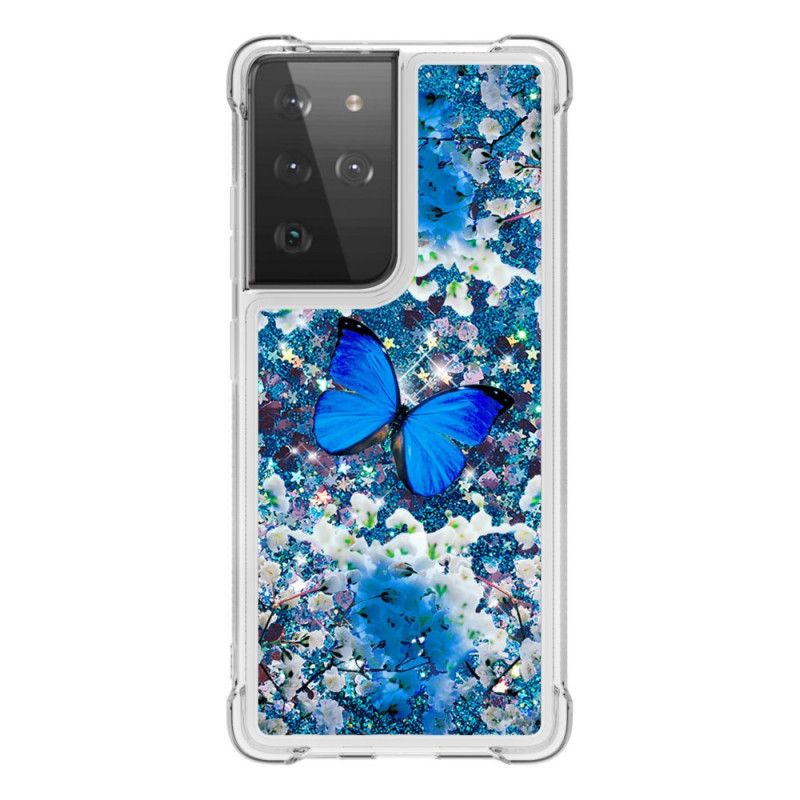 Skal Samsung Galaxy S21 Ultra 5G Blå Glitterfjärilar