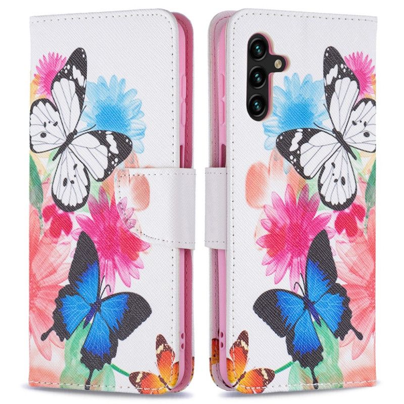 Läderfodral Samsung Galaxy A13 5g Telefonfodral Målade Fjärilar Och Blommor