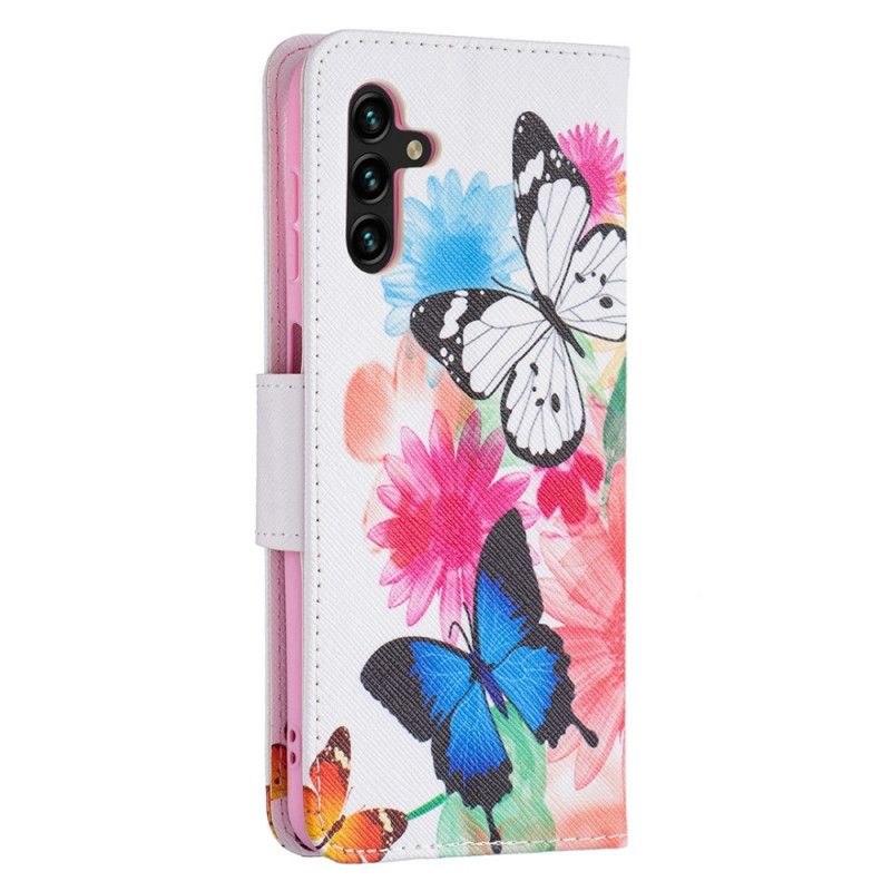 Läderfodral Samsung Galaxy A13 5g Telefonfodral Målade Fjärilar Och Blommor