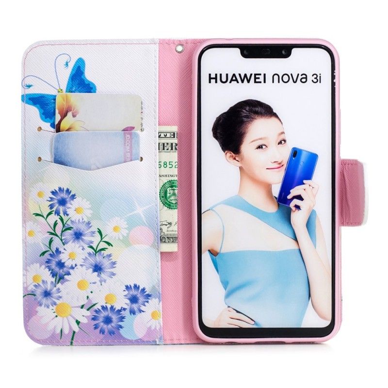 Fodral Huawei P Smart Plus Magenta Målade Fjärilar Och Blommor