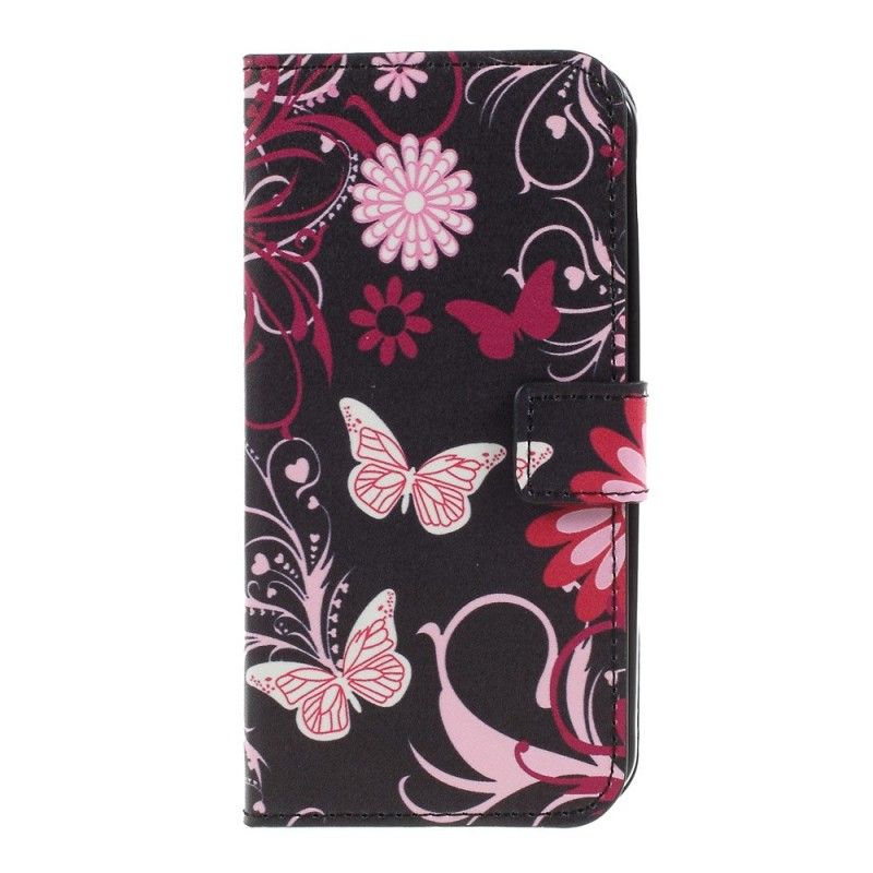 Läderfodral Samsung Galaxy XCover 4S / 4 Svart Fjärilar Och Blommor